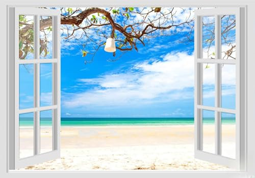 Adesivi Murali Finestra - Paesaggi Vari Mare e Oceano - WALL STICKERS 3D parete muro (70x100 cm, Spiaggia Caraibi - N010)