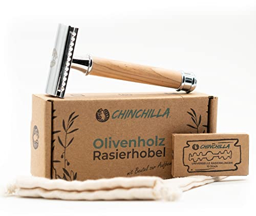 Chinchilla® Rasierhobel Olivenholz & Metall | nachhaltiger Nassrasierer für Damen & Herren | inkl. 10 Rasierklingen & Beutel | Zero Waste & plastikfrei