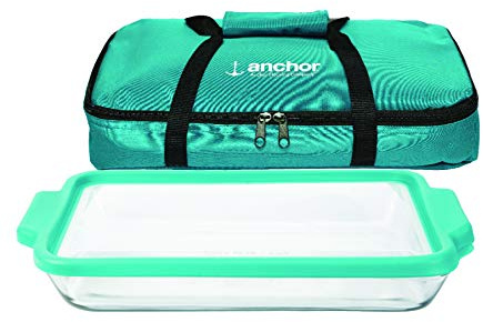 Anchor Hocking 3 Quart Glass Rectangular Baking Dish with Mineral Blue TrueFit™ Lid and Tote