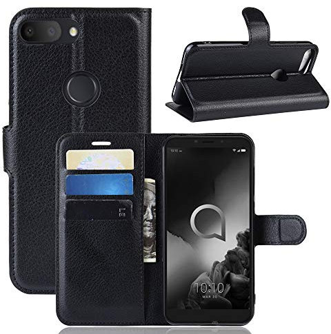 Fertuo Funda para Alcatel 1S 2019, Carcasa Libro con Tapa de Cuero Piel Wallet Case Flip Cover con Kickstand, Hebilla Magnetica, Ranuras para Tarjetas para Alcatel 1S 2019, Negro