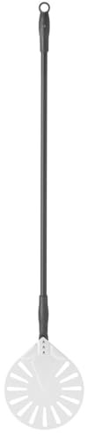 HENDI Pizzaschaufel, rund, perforiert, mit Schiebegriff, Pizzaschieber, Brotschieber, 1200x230mm, Aluminium