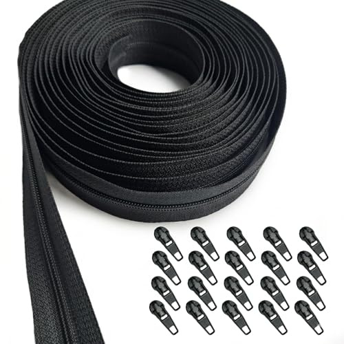 KGS Endlos Reißverschluss Set mit Zipper 3mm 3.7 Meter Inklusive 20 Metall Schieber für Kleidung Tasche Mäppchen Bettwäsche (Schwarz, #3 (3 mm Spiralbreite))