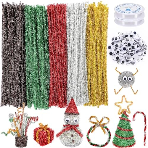 UPINS Weihnachten Pfeifenputzer, 550 Stück Weihnachten Pfeifenreiniger zum Basteln 5 Farben Pfeifenputzer zum Basteln mit 4 Größen Wackelaugen für Weihnachten DIY Basteln