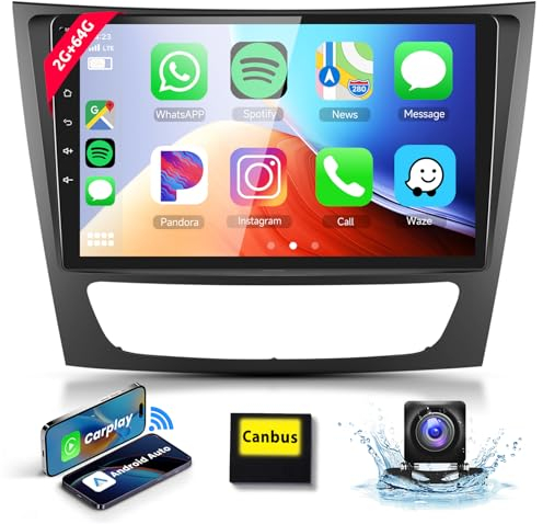 2+64G Podofo 9 Autoradio Für Mercedes E Klasse W211 W219/CLS Klasse 2005-2008 Carplay Wireless Android Auto Bluetooth mit WiFi GPS Navi HiFi FM/RDS Autoradio AHD Rückfahrkamera +MIC +2 USB