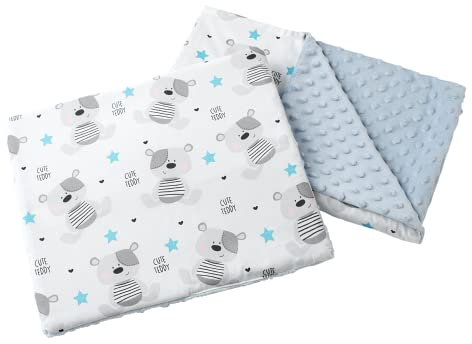 Medi Partners Babydecke Krabbeldecke mit Kissen 100% Baumwolle Minky Kinderdecke 55x75 + 35x30cm multifunktional für Kinderwagen Babyschale Wiege (Teddy mit hellblauem Minky)