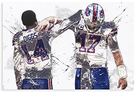 MJKO Josh Allen, Stefon Diggs Sport Leinwand Poster Wandkunst Dekor Druck Bild Gemälde für Wohnzimmer Schlafzimmer Dekoration Rahmen Stil 30 x 45 cm