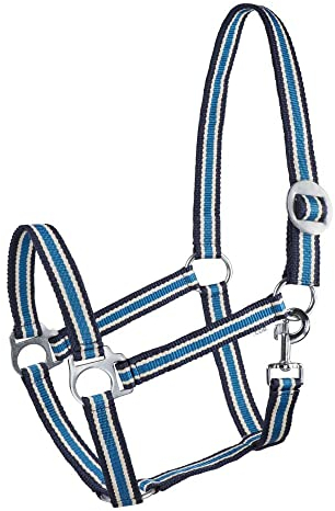 Halfter für Pferde Start Economic Pferdehalfter - Verstellbares Halfter Pferd, Stallhalfter Pony, Vollblut, Warmblut (Dunkelblau/Weiß/Blau, COB)