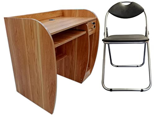 Meta Home Office Desk, Teak Computer Desk With Shelve & Sliding Keyboard Tray PC Laptop Table For Writing Workstation Bedroom Study Furniture (Computer Table with silver frame chair)