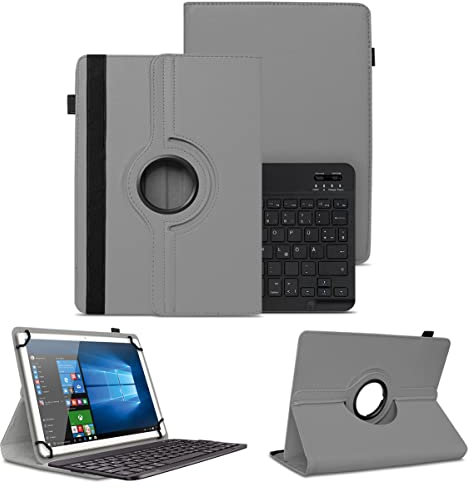 NAUC Schutzhülle kompatibel mit PEAQ PET 100 101 1008 Tasche Tablet Schutz Hülle Kunstleder Bluetooth Tastatur QWERTZ 360 Drehbar Cover Keyboard Case, Farben:Grau