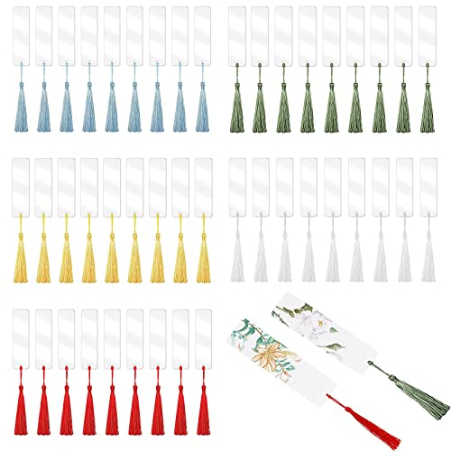 Lesezeichen zum Selbermachen, 45 Stück, blanke Lesezeichen aus Acryl mit 45 bunten Quasten, geeignet zum Basteln, Lesezeichen, Geschenke für Frauen, Männer, Geschenkdekorationen, 12 x 3,2 cm