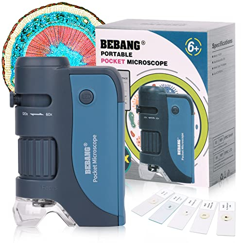 BEBANG Taschenmikroskop für Kinder, handgehaltenes Mini-Mikroskop mit LED, 5 vorbereitete Objektträger, 60x-120x tragbares Mikroskop für Kinder Studenten mikrobiologische Beobachtung Vorschule Studie