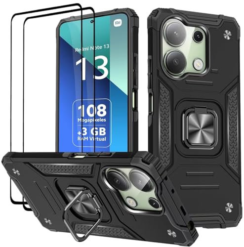 KANSi Hülle für Xiaomi Redmi Note 13 4G (Nicht 5G), Schutzfolie [2 Stück] Silikon TPU Hart PC Handy Hüllen 360 Grad Drehbar Ringhalter Bumper Stoßdämpfung Schutzhülle - Schwarz