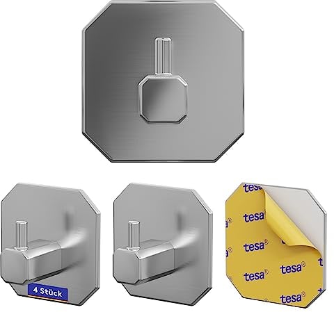 LIEBHEIM Ganci per asciugamani senza forare - nastro adesivo di montaggio TESA per una tenuta ottimale - ganci adesivi in acciaio inossidabile - autoadesivi (acciaio inox spazzolato, 4x 4.5 cm)