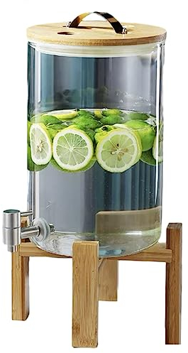 WRJAHCG Dispensador De Bebidas De Cristal,Dispensador De Bebidas De Vidrio,Botella con Grifo Soporte Y Tapa De Madera para Bebida Caliente O Fría - Garrafa De Agua,Faucet +Base,8L