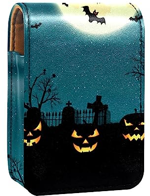 Make-up-Lippenstift-Etui mit Spiegel für Geldbörse, Kosmetiktasche mit Spiegel,Halloween Jack O Lantern Nacht Vollmond