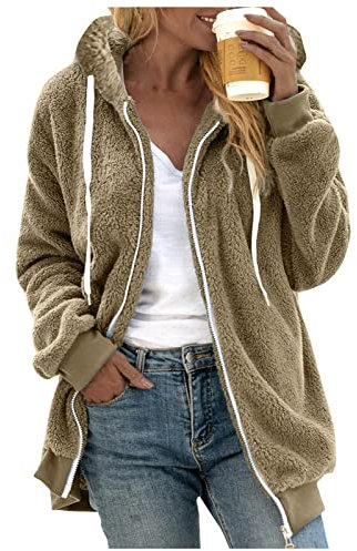 YULONGESS Fleecemantel Damen,mit Kapuzen Fuzzy Hoody Thermo Gefüttert Teddy Jacken Patchwork Zip Sweatshirt Taschen Lang Kapuzenjacke Laufjacke Pullover Tops Lässig Frau Winterjacke