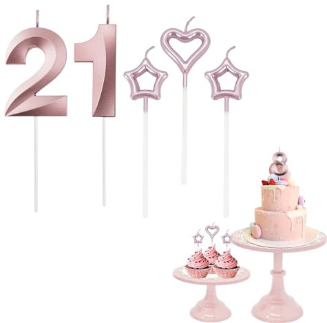 21st Birthday Candles Rose Gold Number 21 Candles for Birthday Cake with Heart-Shaped Candles, Rose Gold 21 Candles for Cake Birthday Cake Topper Decorations for Girls Birthday Party