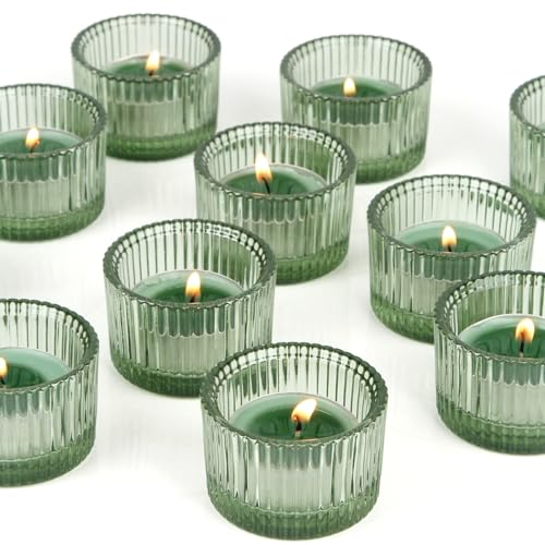 HofferRuffer Teelichthalter, 12 Stück, Glas-Teelichthalter für Abendessen, Hochzeit, Party, Weihnachten, Wohnzimmer, Geschenke,Grün