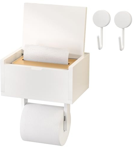 Yorbay Toilettenpapierhalter ohne Bohren, Bambus Klopapierhalter mit Feuchttücherbox und 2 Haken,WC Rollenhalter für Badezimmer, Selbstklebend or Bohre