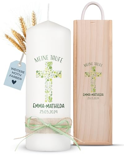 AMARI ® Taufkerze personalisiert Florales Kreuz (002.10.05) H:20cm/⌀:7cm - Taufkerze Mädchen/Junge - Kerze selber gestalten Taufe - Taufkerze selber machen - Taufkerze mit Namen