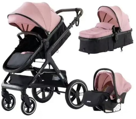 Poussette luxueuse 3 en 1 pour nouveau-né, modèle de voyage et pliable, Cadre Aluminium, Landau (Rose + noir)