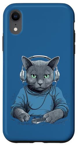 Carcasa para iPhone XR Músico Gato Azul Ruso Gamer Gatos Música Auriculares