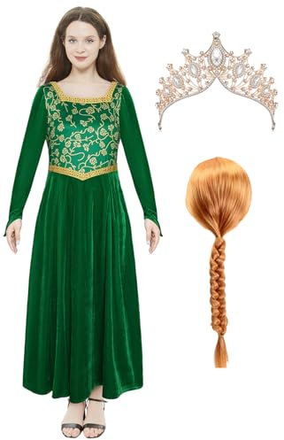 Cemaxjo Prinzessin Fiona Grün Kleid mit Perücke Krone Prom Erwachsene Fiona Cosplay Kostüm Halloween Outfit (Green, Medium)