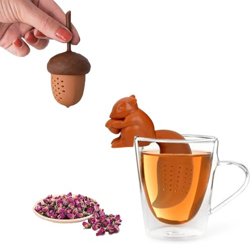 LUHEVIDIA 2pcs infuseur thé en forme d'animaux amusants, boule à thé réutilisables, jolie boule a the infuseu en silicone coffret cadeau(Écureuil + Gland)
