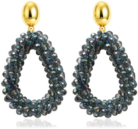Bohemian Ohrringehängend für Damen,Tröpfchenförmiger handgewebter Kristallhänge Modischer Schmuck,hellblau