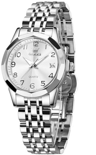 OLEVS Silber Uhren Damen Wasserdicht Edelstahl Damenuhren Klein Weiss Zifferblatt Arabische Ziffern Metallarmband Armbanduhr für Damen Leuchtend Quarz Analog Damenarmbanduhr mit Datum Leicht zu lesen