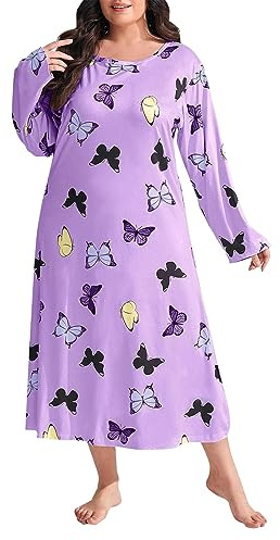 Camicia da Notte Donna Abito da Notte Lungo da, Ampio, Ampio, a Maniche Lunghe, con Stampa di Farfalle e Spalle cadenti Camicia da Notte Donna Invernale Calda