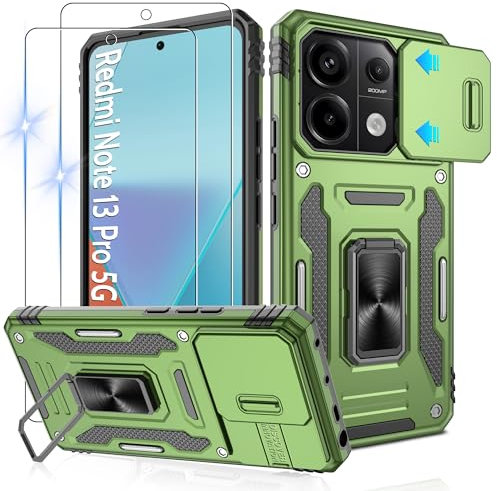 Jshru Funda para Xiaomi Redmi Note 13 Pro 5G /Poco X6 5G, funda protectora para cámara Slide con 2 protectores de pantalla antigolpes, anillo de soporte de 360°, para Redmi Note 13 Pro 5G, verde oliva