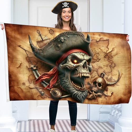 Piratenflagge 90x150 cm mit Ösen – Groß Piratenflagge Kinder – Lebendiger Digitaldruck – Piraten Fahne mit Piratenkarte - Jolly Roger Flagge – Doppelnaht
