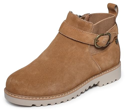 Skechers Women's ARCH FIT MARLIE - FLIRTY VIBES, Wrap around Buckle Side Zip Low Fashion boot, TAN, 8M