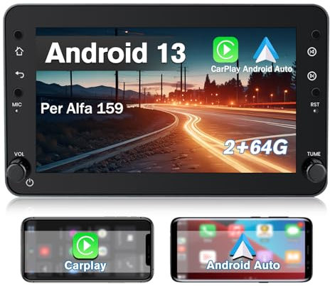 Hexinex Android Autoradio 1 Din per Alfa Romeo 159 Brera Spider, Car Radio con Funzione CarPlay Android Auto BT Comandi al Volante GPS Navigazione WIFI (2+64GB)
