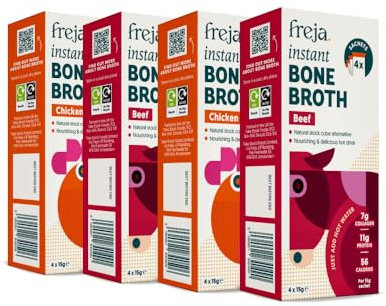 Freja Best of Instant Bone Broth | Beef & Chicken | 100% Natural | Rich in Collagen, Protein & Amino Acids | Dairy & Gluten Free, 4 boxes (4 x 15g Sachets Per Box)
