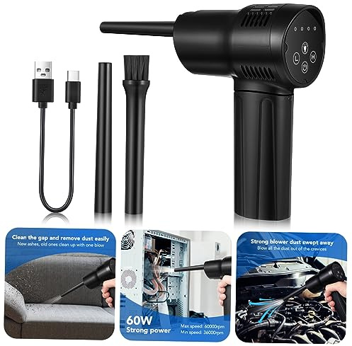 HOMSFOU Plumero de Aire Inalámbrico Negro Abs para Limpieza Doméstica | Boquillas Desmontables, Dc 5v Type-c, 60w, Flujo de Alta Presión, Uso en Electrónica y Persianas