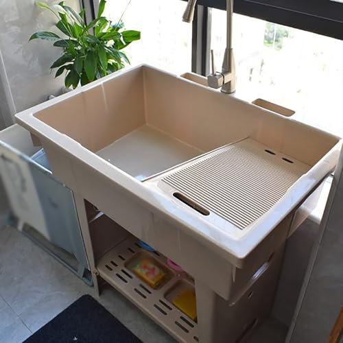 Fregadero De Lavandería De Plástico Independiente, Tina De Fregadero De Utilidad Con Tabla De Lavar, Fregadero Jardin Exterior Con Grifo De Agua Fría Y Caliente Para Uso Interior/exterior(Brown,31x22x