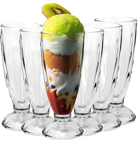 UNIQUE HOME LIVING Sundae Glasses Set of 6, Tall 340ml Knickerbocker Glory Dessert Glasses, Milkshake Soda Fountain Glass Dessert Cups with Footed Base, Ice Cream Bowls, Dishwasher Safe Glassware