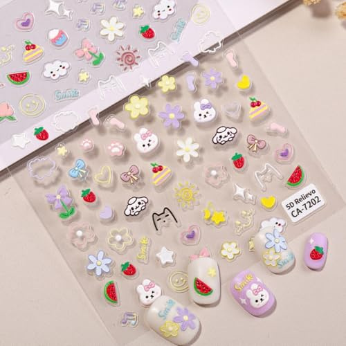Wonhomke 3D Süßer Bär Hase Nail Stickers Cute 5D Nail Art Decals Sticker Decoration Accessories 2 Sheets (7202)