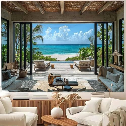 Fototapete Balkonblick 3D Effekt Vliestapete Meer und Strand Foto Tapete Wohnzimmer Schlafzimmer Flur Wandtapete Motivtapeten Bildtapete Wand Deko 350x250 cm 1198b