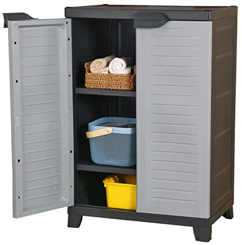 QJBSAVVA Kunststoff Aufbewahrungsschrank grau 65x45x97 cm mit 3 Fachböden und abschließbaren Türen platzsparender Geräteschrank für Home Office Garage Lager