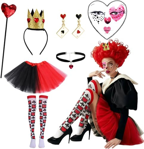 Zouonou 7 Stk Herzkönigin Kostüm Set Damen Mädchen, Herz Krone Haarreif Ohrringe Herz Halskette Tütü Rock Strümpfe Zauberstab Gesicht Tattoo, Halloween Karneval Cosplay Clown Verkleidung