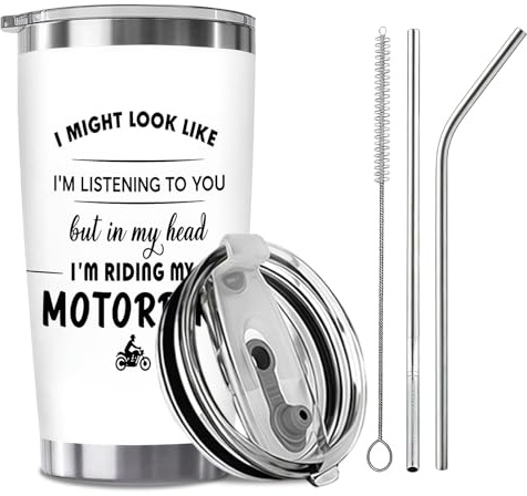 Motorcycle Theme Insulated Travel Mug, Stainless Steel Vacuum Personalised Travel Mug with Straw Lid and Cleaning Brush, Thermal Mug Motorbike Gifts for Men Women Bikers Riders Travel Outdoor Use