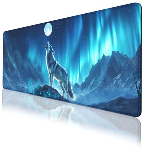 LSXP JR Howling Wolf Desk Pad Mouse Pad Northern Lights Full Moon Aurora Large Gaming Mouse Mat with Stitched Edges,Non-Slip Waterproof Rubber Base Mous Mat