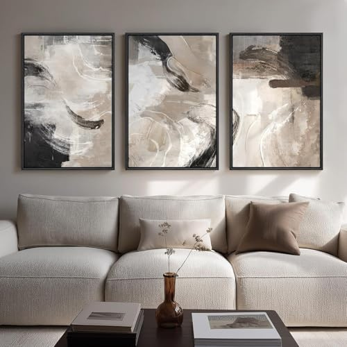 Großformatige, abstrakte Wandbilder in neutralen Farben für Wohnzimmer, 3-teiliges modernes Leinwandbild, Bilder in Schwarz, Beige und Braun für Flur, Schlafzimmer und Büro, ungerahmt (50x70CMx3)