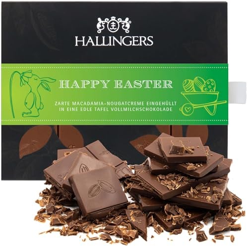 Hallingers Happy Easter - Ostergeschenke für Osterkörbchen zu Ostern, Vollmilch Edel-Schokolade Macadamia-Nougat (Box) - Geschenk im Sommer & als perfektes Grillgeschenk | Glückwunsch Danke Freundscha