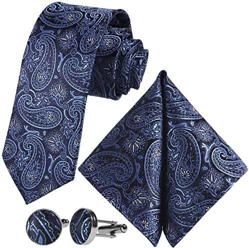 GASSANI Herrenkrawatte Schmal Paisley-Muster, Dunkel-Blaue Hochzeitskrawatte Gemustert, Einstecktuch Manschettenknöpfe Z. Hochzeits-Anzug Weste Sakko