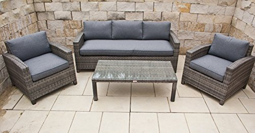 NORDLAND Premium-Gartenmöbel Set Polyrattan 5 Personen inkl. Glasplatte Tisch Sessel 3-Sitzer Sofa,Aluminiumgestell und allen Sitzkissen/Polstern - Sitzgruppe
