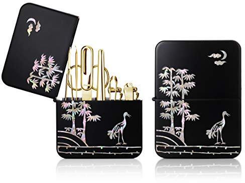 World No. 1 Three Seven (777) Premium Quality Gift Travel Mother of Pearl Manicure Grooming Kit Nail Clipper Set (7 PCs, TS-4112MPG-AM), GIFT BOX. MADE IN KOREA, SINCE 1975 (Gold)